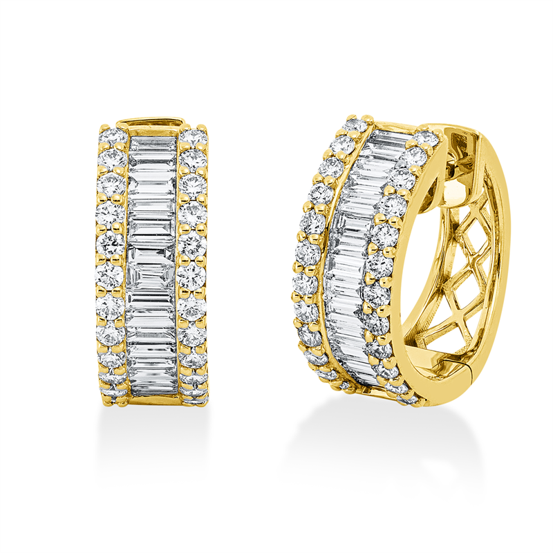 Creolen 18 kt GG, 30 Bag. 0,51 ct, TW-vsi, 48 Brill. 0,49 ct, TW-si