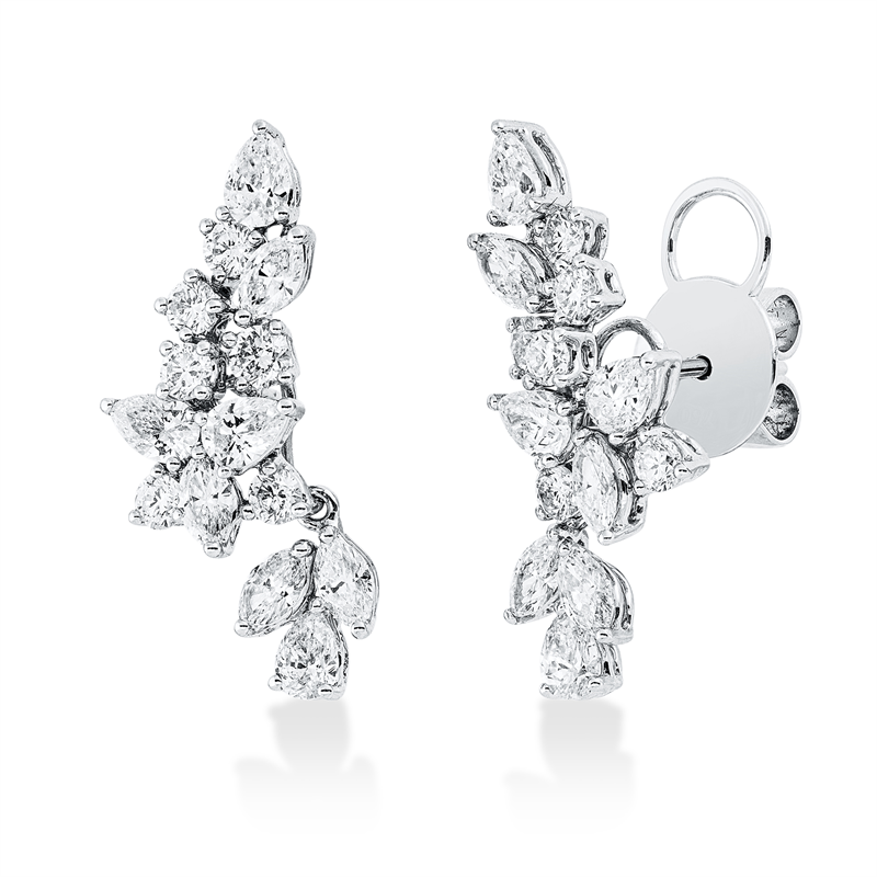 Ohrstecker 18 kt WG, 8 Nav. 0,72 ct, TW-vsi, 8 Tropfen 1,10 ct, TW-vsi, 12 Brill. 0,70 ct, TW-si