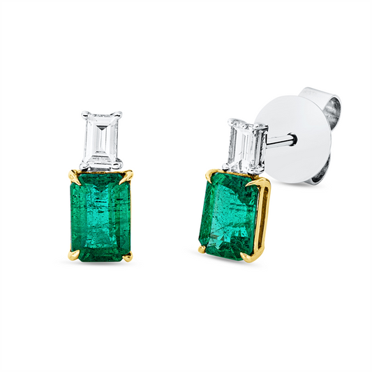 Ohrstecker 18 kt WG+GG, 2 Bag. 0,20 ct, TW-vsi, 2 Smaragde 1,26 ct grün