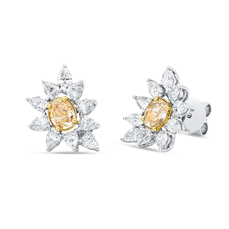 Ohrschmuck 18 kt WG+GG, GIA 2pcs, 2 Oval 1,08 ct, gelb-si1, 20 Tropfen 1,66 ct, TW-vsi/si