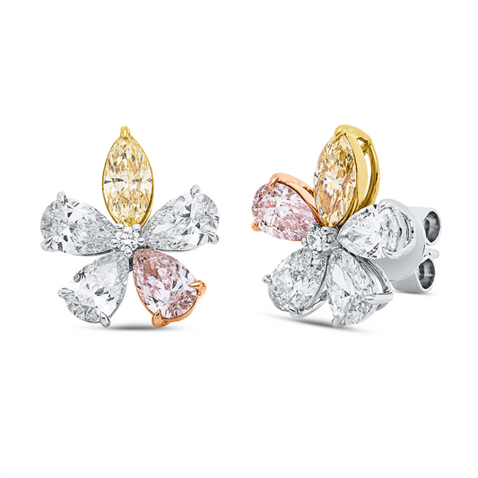 Ohrstecker 18kt,2 Nav.0,73ct,gelb,2 Tropfen 0,65ct,pink-vsi/si,6 Tropfen 1,90ct,2 Brill.0,04ct,TW-vsi/si