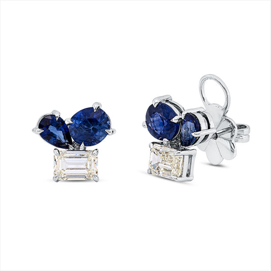 Ohrstecker 18 kt WG, 2 Sm.schliff 1,46 ct, L-si, 2 Saphire 1,67 ct blau, 2 Saphire 0,94 ct blau