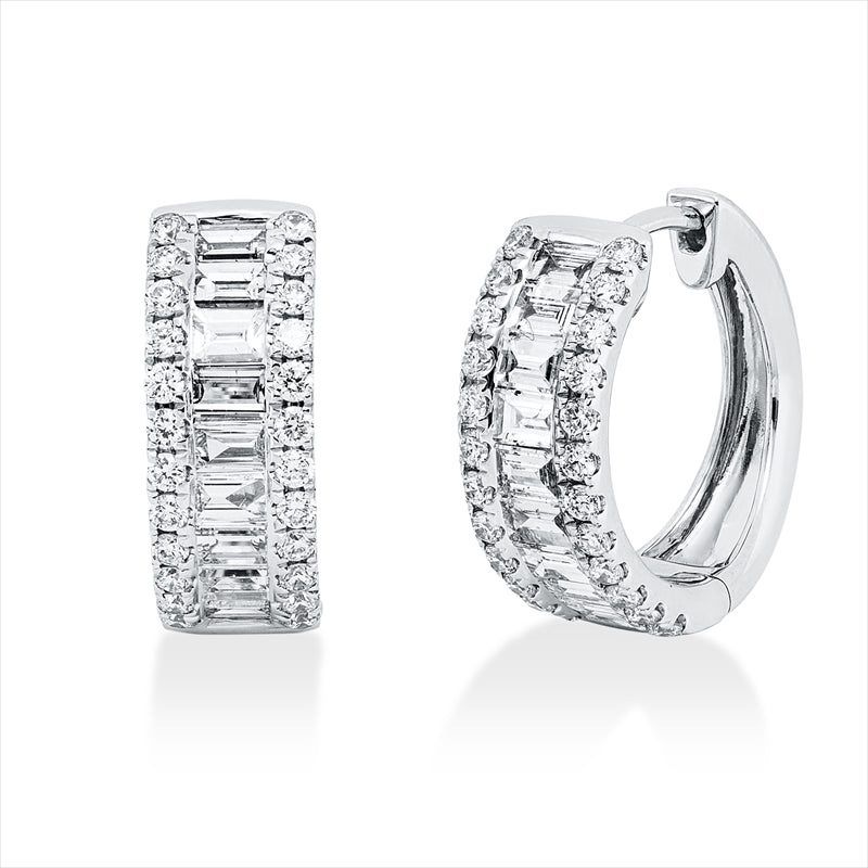 Creolen 18 kt WG, 18 Bag. 0,87 ct, TW-si, 48 Brill. 0,46 ct, TW-si
