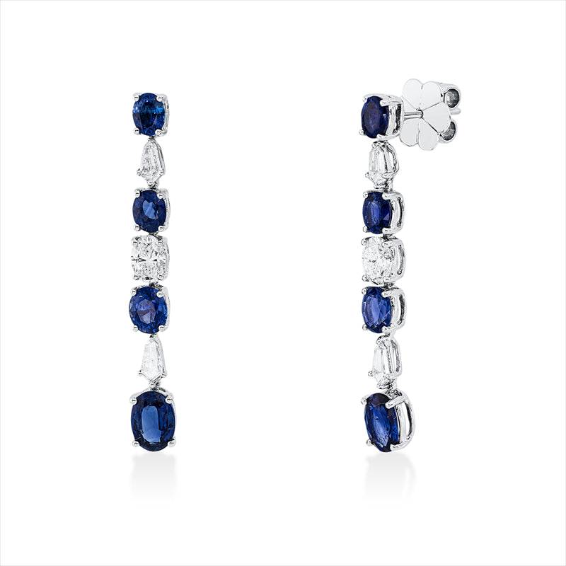 Ohrschmuck 18 kt WG, 2 Oval 0,79 ct, 4 Fant-Schl. 0,46 ct, D/TW-vsi/si, 8 Saphire 4,86 blau