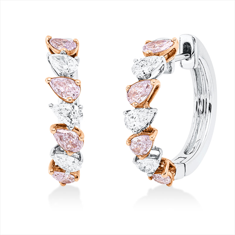 Creolen 18 kt WG+RG, 6 Tropfen 0,72 ct, D/TW-vsi/si, 8 Tropfen 1,17 ct, pink