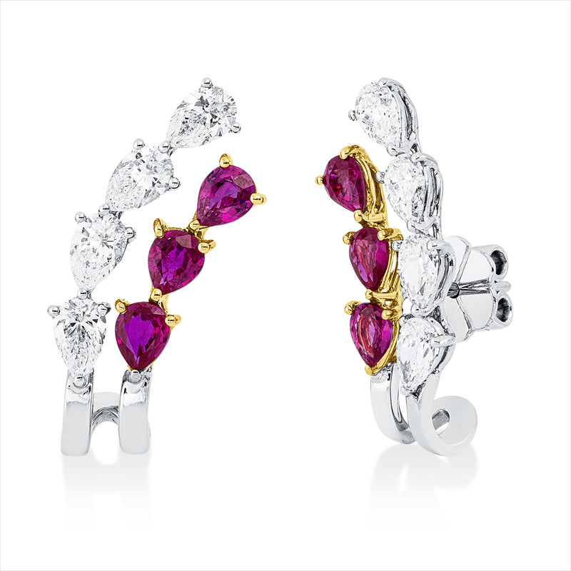 Ohrschmuck 18 kt WG+GG, 8 Tropfen 1,92 ct, D/TW-vsi/si, 6 Rubine 1,50 ct rot
