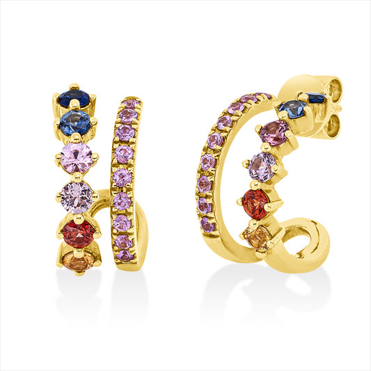 Ohrstecker 18 kt GG, 12 Saphire 1,04 ct multicolor, 18 Saphire 0,31 ct pink