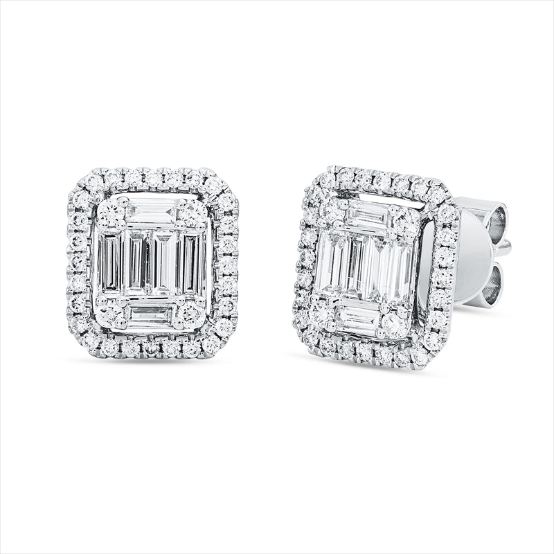 Ohrstecker 18 kt WG, 12 Bag. 0,28 ct, TW-vsi, 64 Brill. 0,19 ct, TW-si