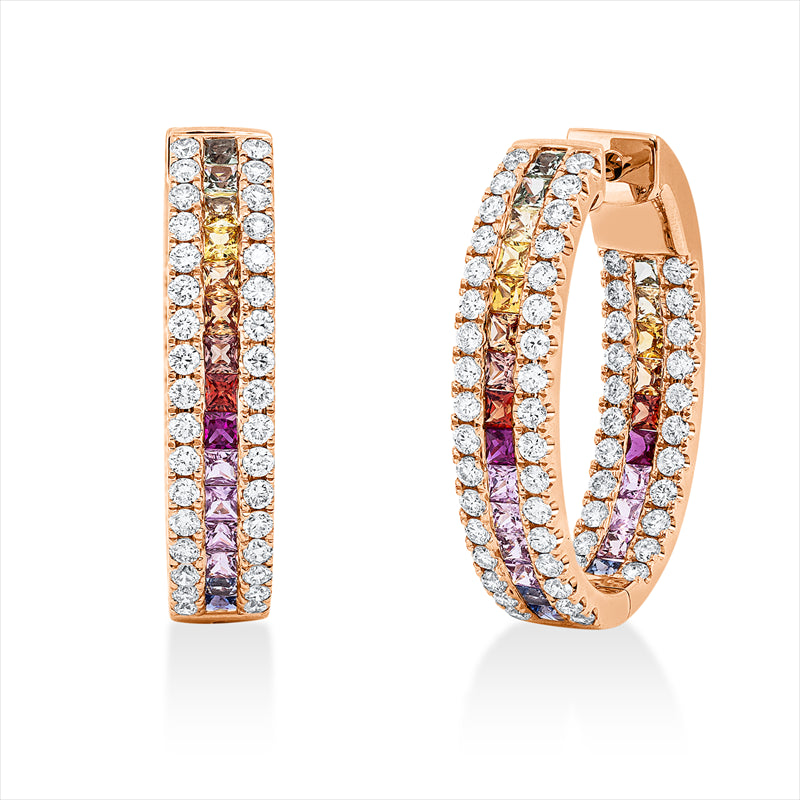 Creolen 18 kt RG, 112 Brill. 1,51 ct, TW-vsi/si, 46 Saphire 1,89 ct fancy, 4 Rubine 0,17 ct rot