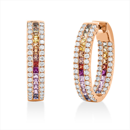 Creolen 18 kt RG, 112 Brill. 1,51 ct, TW-vsi/si, 46 Saphire 1,89 ct fancy, 4 Rubine 0,17 ct rot