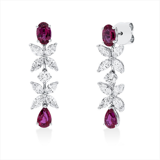 Ohrschmuck 18 kt WG, 16 Nav. 1,64 ct, F-vvs/vs, 2 Brill. 0,28 ct, F-vvs/vs, 4 Rubine 2,10 ct rot
