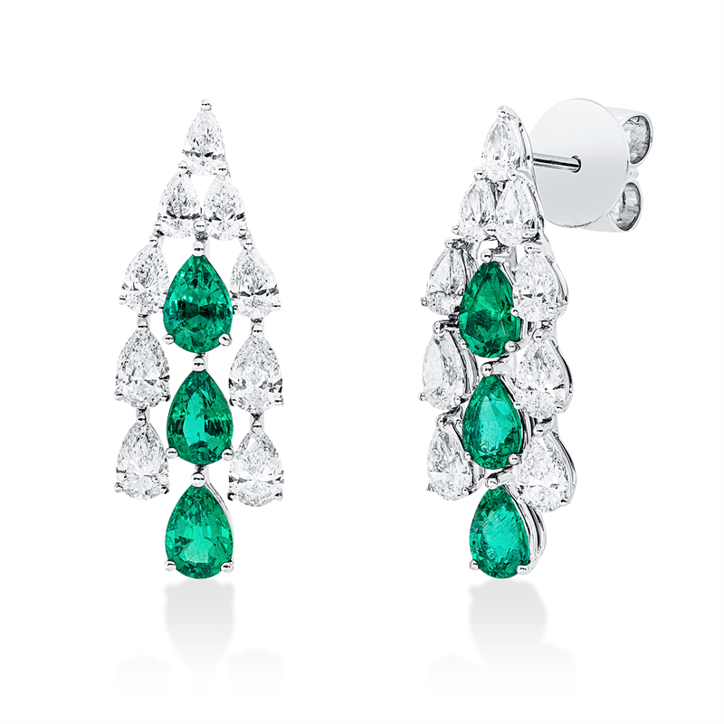 Ohrschmuck 18 kt WG, 18 Tropfen 2,66 ct, F-vvs/vs, 6 Smaragde 2,27 ct grün