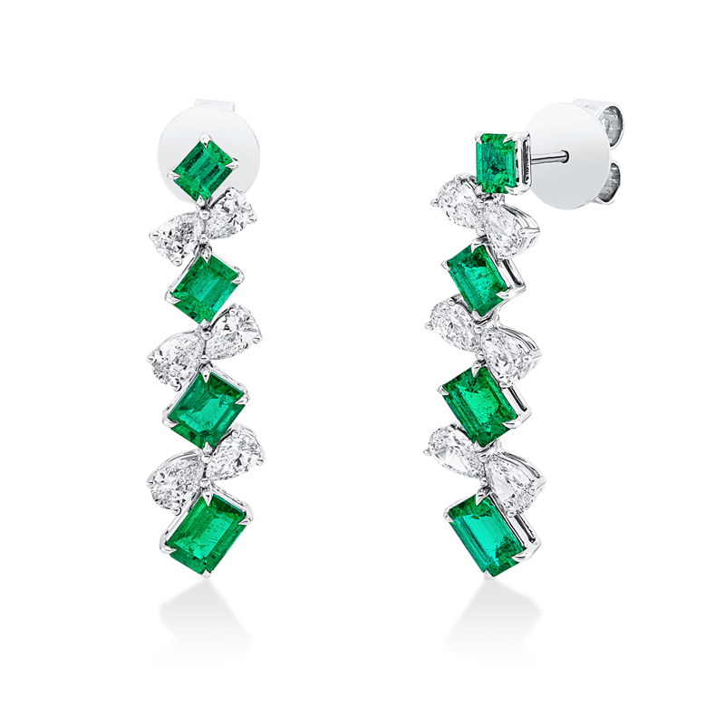 Ohrschmuck 18 kt WG, 12 Tropfen 2,12 ct, F-vvs/vs, 8 Smaragde 3,25 ct grün