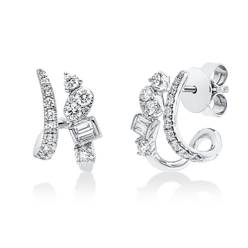 Ohrstecker 18 kt WG, 10 Brill. 0,04 ct,8 Brill. 0,28 ct,  4 Bag. 0,08 ct, TW-si, 14 Brill. 0,18 ct, TW-si