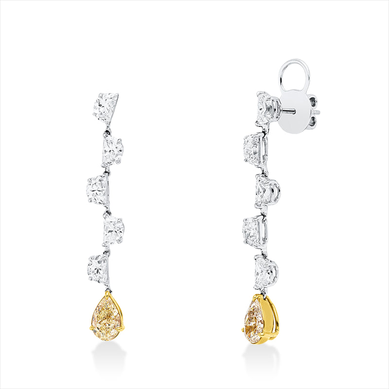 Ohrschmuck 18 kt WG+GG, GIA 2pcs, 2 Tropfen 2,14 ct, gelb-vs, 10 Halbmond 3,82 ct, D/F-vvs/vs