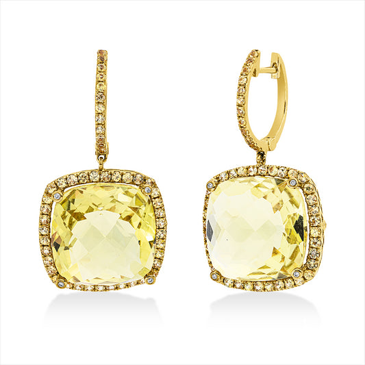 Ohrschmuck 18 kt GG, 12 Brill. 0,04 ct, I-pi, 2 Lemonquarz 31,49 ct grün, 96 Saphire 1,57 ct gelb