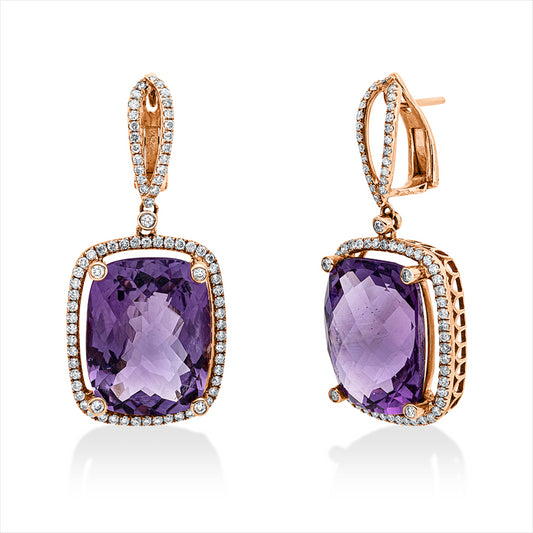 Ohrschmuck 18 kt RG, 158 Brill. 1,03 ct, W-si, 2 Amethyste 26,07 ct lila
