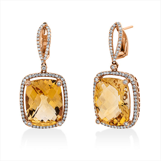 Ohrschmuck 18 kt RG, 158 Brill. 1,02 ct, W-si, 2 Citrin 25,21 ct gelb