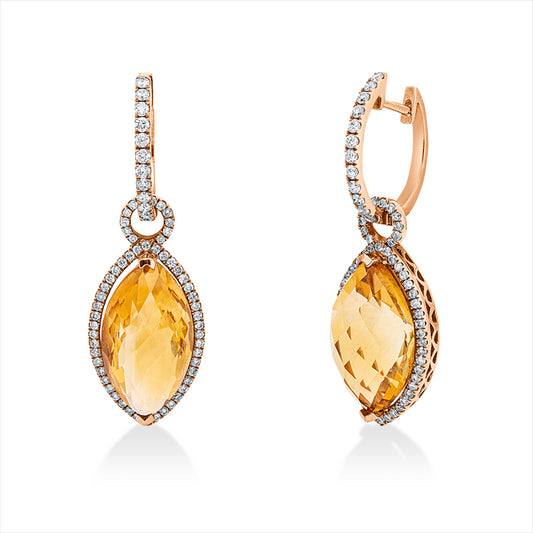 Ohrschmuck 18 kt RG, 136 Brill. 0,72 ct, W-si, 2 Citrin 11,75 ct gelb