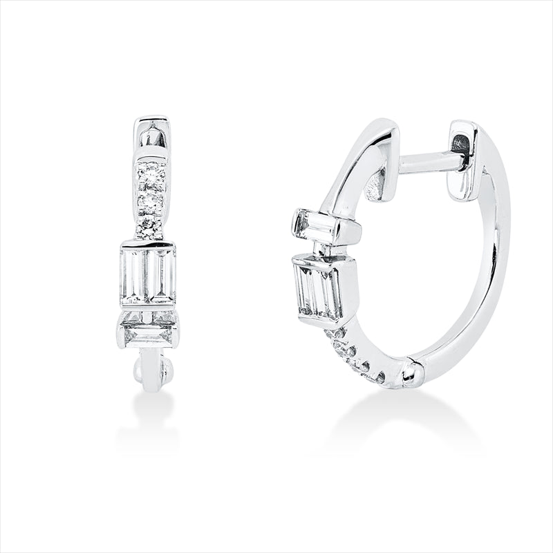 Creolen 18 kt WG, 6 Bag. 0,16 ct, TW-vsi, 7 Brill. 0,05 ct, TW-si