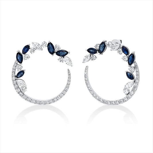 Ohrstecker 18 kt WG, 6 Nav. 0,86 ct, F-vsi, 70 Brill. 1,96 ct, F-vsi, 10 Saphire 2,71 ct blau