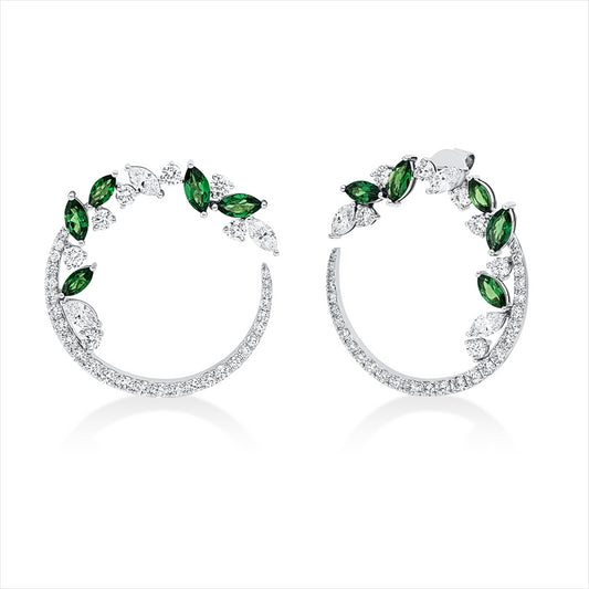 Ohrstecker 18 kt WG, 6 Nav. 0,90 ct, F-vsi, 70 Brill. 1,94 ct, F-vsi, 10 Tsavorith 1,88 ct grün