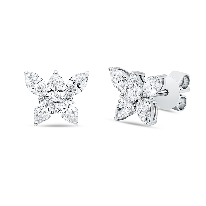 Ohrstecker 18 kt WG, 6 Tropfen 0,90 ct, F-vsi, 4 Nav. 0,57 ct, F-vsi
