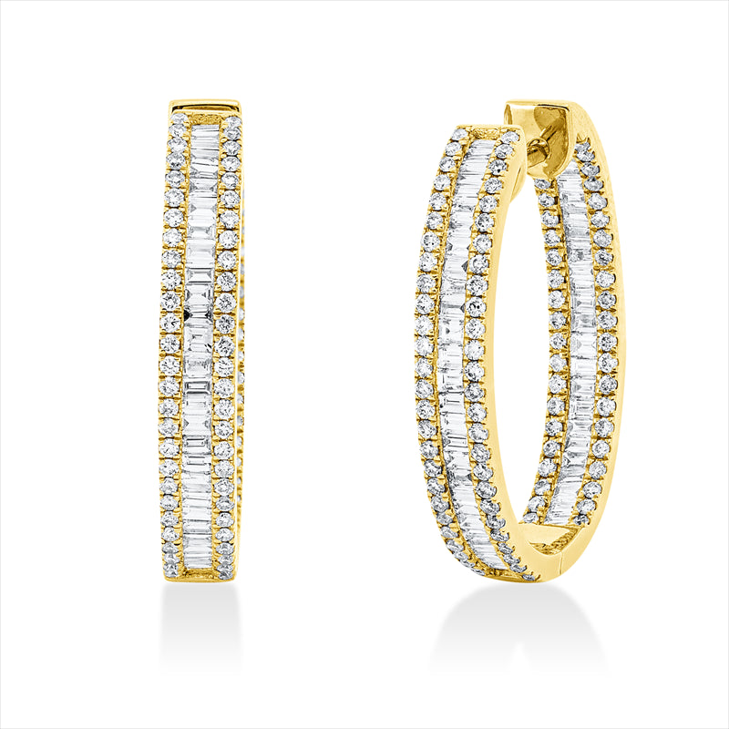 Creolen 18 kt GG, 111 Bag. 1,01 ct, TW-si, 192 Brill. 0,74 ct, TW-si