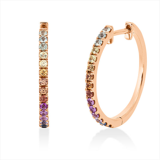 Creolen 18 kt RG, green,yellow,orange,pink,blue, 30 Saphire 0,58 ct fancy