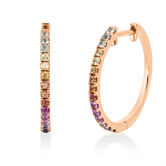 Creolen 18 kt RG, green,yellow,orange,pink,blue, 30 Saphire 0,58 ct fancy