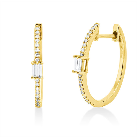 Creolen 18 kt GG, 4 Bag. 0,09 ct, TW-si, 34 Brill. 0,11 ct, TW-si