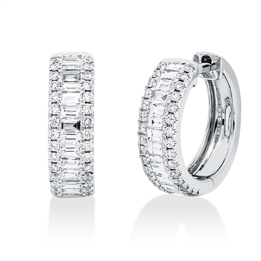 Creolen 18 kt WG, 28 Bag. 0,62 ct, TW-si, 60 Brill. 0,29 ct, TW-si