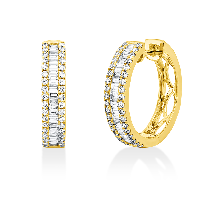 Creolen 18 kt GG, 46 Bag. 0,52 ct, TW-si, 72 Brill. 0,53 ct, TW-si