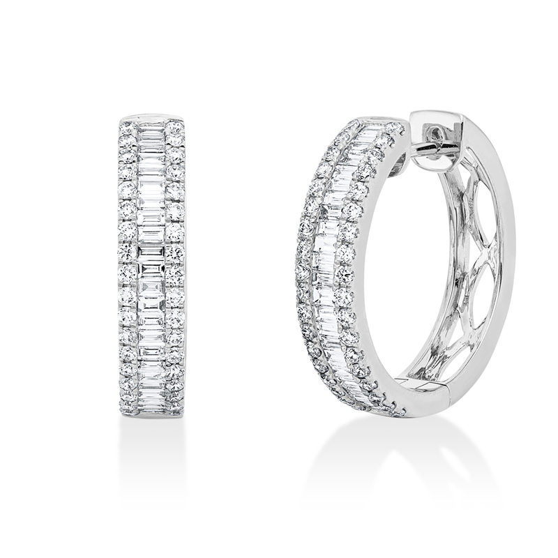 Creolen 18 kt WG, 43 Bag. 0,58 ct, TW-si, 72 Brill. 0,49 ct, TW-si