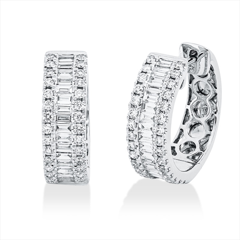 Creolen 18 kt WG, 35 Bag. 0,35 ct, TW-si, 60 Brill. 0,28 ct, TW-si