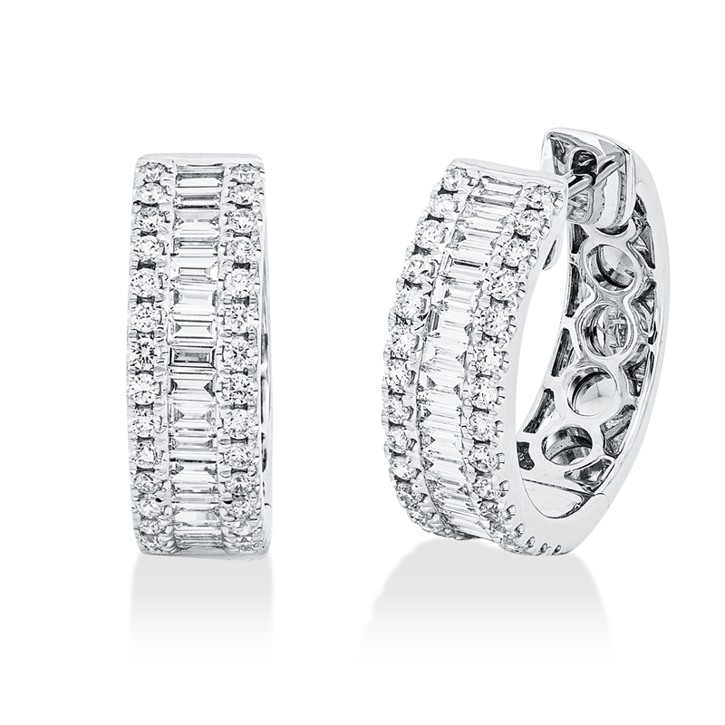Creolen 18 kt WG, 35 Bag. 0,35 ct, TW-si, 60 Brill. 0,28 ct, TW-si