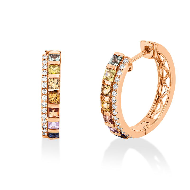 Creolen 18 kt RG, 30 Brill. 0,17 ct, TW-si, 14 Saphire 1,26 ct multicolor