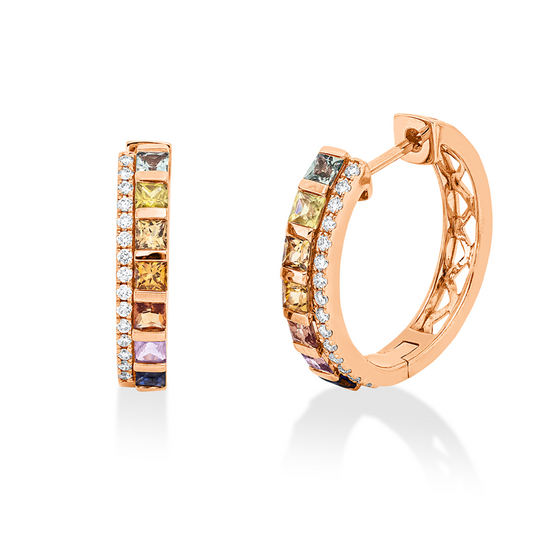 Creolen 18 kt RG, 30 Brill. 0,17 ct, TW-si, 14 Saphire 1,26 ct multicolor