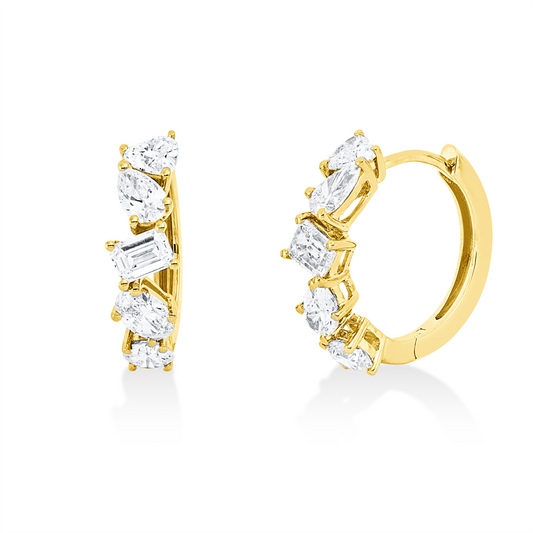 Creolen 18 kt GG, 2 Tro 0,27 ct, 2 Ov 0,34 ct, 2 Sm.schl 0,38 ct, 2 Her. 0,32 ct, 2 Brill. 0,28 ct, TW-si