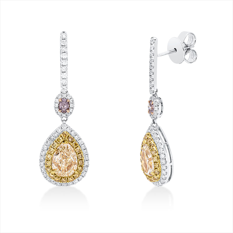 Ohrschmuck 18 kt , 98 Brill.0,58ct,TW-si,2 Oval 0,12ct, pink,2 Tropfen 2,12ct, gelb,36 Brill.0,32ct, gelb