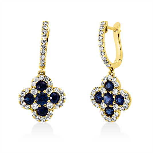 Ohrschmuck 18 kt GG, 10 Saphire 1,57 ct blau, 68 Brill. 0,98 ct, TW-si