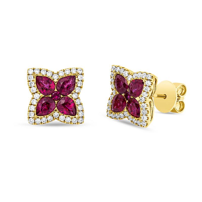 Ohrstecker 18 kt GG, 64 Brill. 0,40 ct, TW-si, 8 Rubine 1,98 ct rot, 2 Rubine 0,07 ct rot