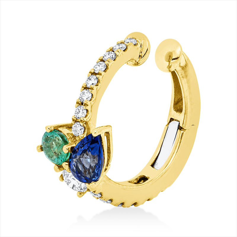 Creolen 18 kt GG+WG, Ohrmanschette, 1 Brill. 0,07 ct, TW-pi, 14 Brill. 0,10 ct, TW-pi, 1 Saphir 0,26 ct blau, 1 Smaragd 0,13 ct grün