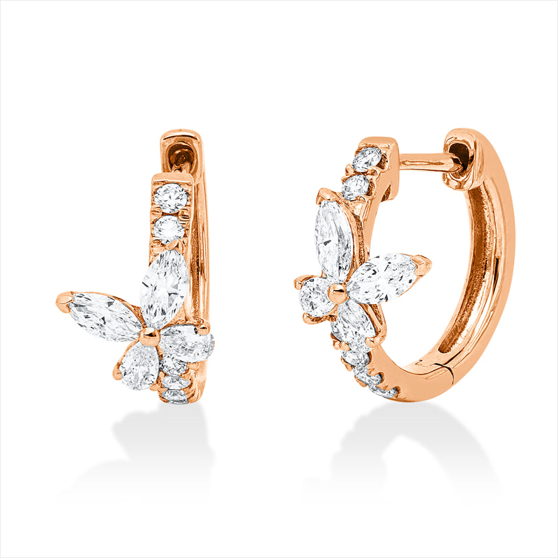 Creolen 18 kt RG, 4 Nav. 0,33 ct, TW-vsi, 4 Tropfen 0,16 ct, TW-vsi, 12 Brill. 0,18 ct, TW-si