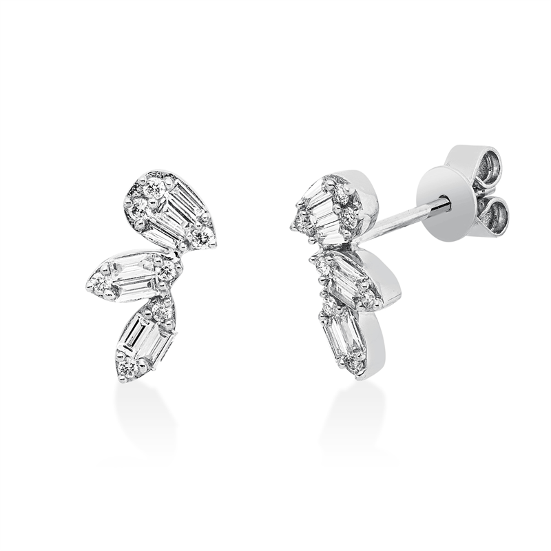 Ohrstecker 18 kt WG, 8 Bag. 0,13 ct, TW-vsi, 6 Trap. 0,08 ct, TW-vsi, 14 Brill. 0,08 ct, TW-si