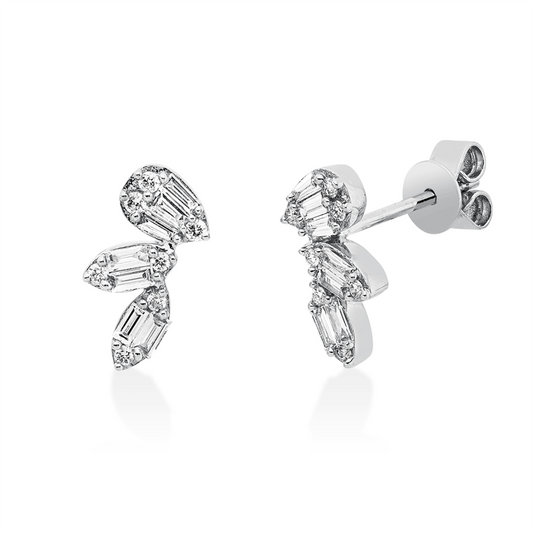 Ohrstecker 18 kt WG, 8 Bag. 0,13 ct, TW-vsi, 6 Trap. 0,08 ct, TW-vsi, 14 Brill. 0,08 ct, TW-si