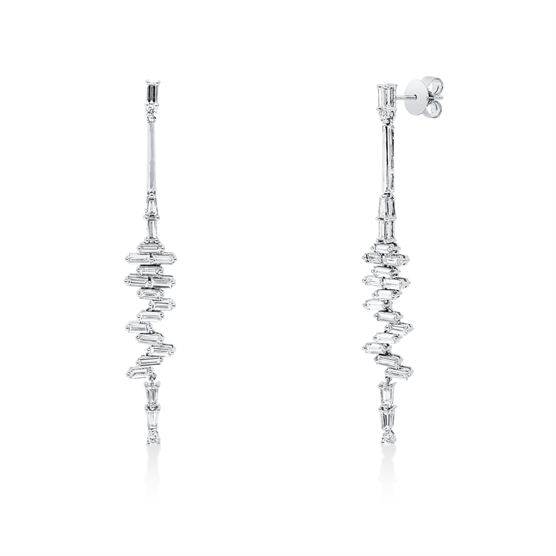 Ohrschmuck 18 kt WG, 6 Trap. 0,50 ct, TW-vsi, 32 Bag. 1,74 ct, TW-vsi, 4 Brill. 0,11 ct, TW-si