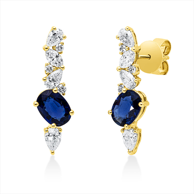 Ohrstecker 18 ktGG, 2 Nav.0,19ct,6 Tropfen 0,69ct, TW-vsi, 6 Brill.0,09ct, TW-si,2 Saphire 1,81ct blau