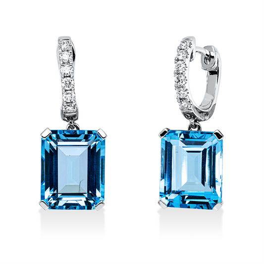 Creolen 18 kt WG, 12 Brill. 0,27 ct, TW-si, 2 Topase 12,20 ct blau