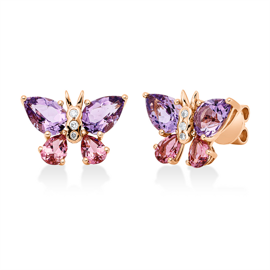 Ohrstecker 18 kt RG, 6 Brill. 0,05 ct, TW-si, 4 Amethyste 2,50 ct pink, 4 Turmalin 1,00 ct pink